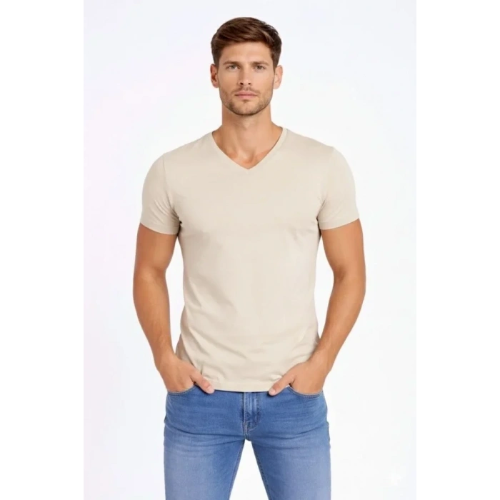 Erkek T-Shirt V Yaka Slim Fit Dar Kesim Likralı Tişört Günlük Basic Body - Taş