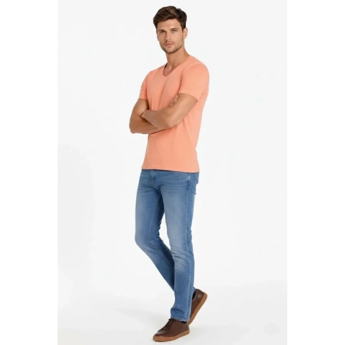 Erkek T-Shirt V Yaka Slim Fit Dar Kesim Likralı Tişört Günlük Basic Body - Toz Pembe