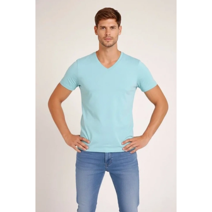 Erkek T-Shirt V Yaka Slim Fit Dar Kesim Likralı Tişört Günlük Basic Body - Turkuvaz