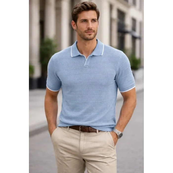 Erkek Triko Kumaş Yakalı Düğmesiz Açık Yaka Fitilli Kısa Kollu Regular Fit Tişört T-shirt - Bebek Mavisi