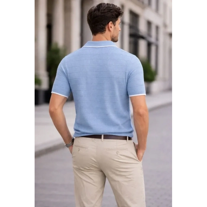 Erkek Triko Kumaş Yakalı Düğmesiz Açık Yaka Fitilli Kısa Kollu Regular Fit Tişört T-shirt - Bebek Mavisi