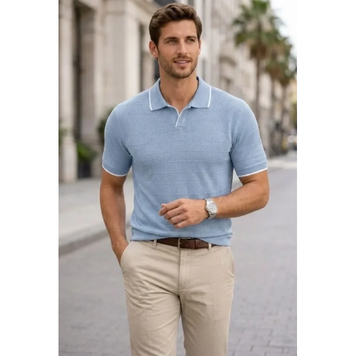 Erkek Triko Kumaş Yakalı Düğmesiz Açık Yaka Fitilli Kısa Kollu Regular Fit Tişört T-shirt - Bebek Mavisi