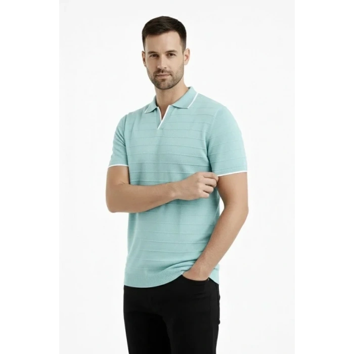 Erkek Triko Kumaş Yakalı Düğmesiz Açık Yaka Fitilli Kısa Kollu Regular Fit Tişört T-shirt - Mint Yeşili