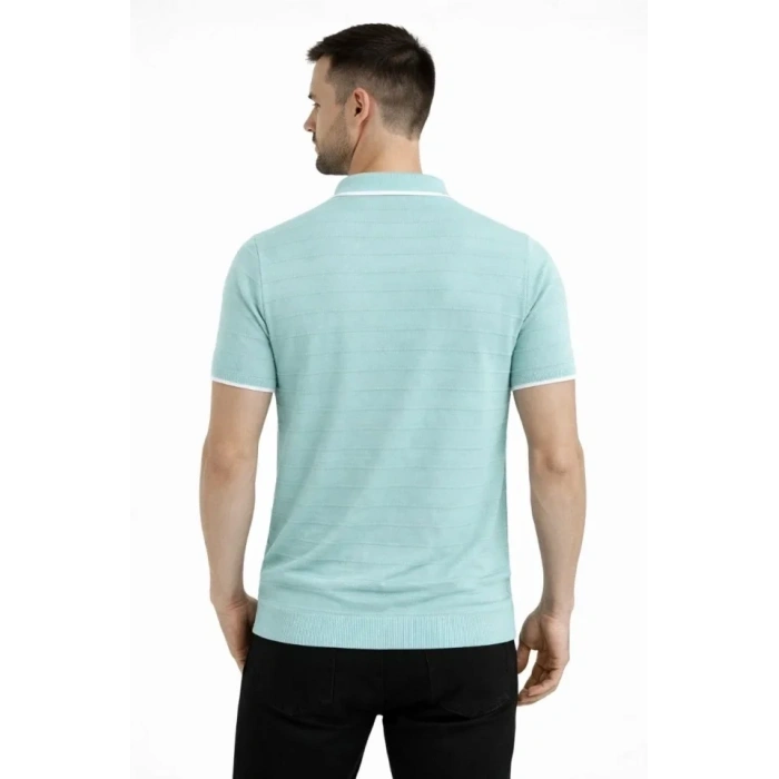 Erkek Triko Kumaş Yakalı Düğmesiz Açık Yaka Fitilli Kısa Kollu Regular Fit Tişört T-shirt - Mint Yeşili