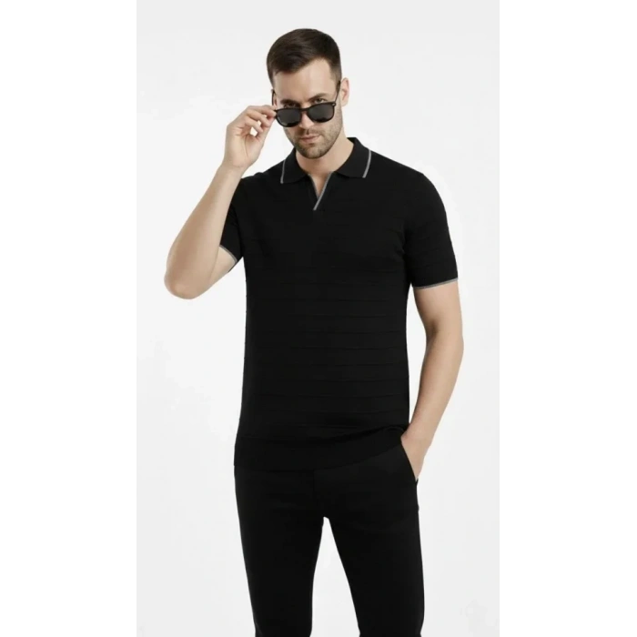 Erkek Triko Kumaş Yakalı Düğmesiz Açık Yaka Fitilli Kısa Kollu Regular Fit Tişört T-shirt - Siyah