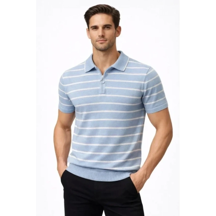 Erkek Triko Polo Yaka Fermuarlı Çizgili Tişört T-Shirt Yazlık Şık - Bebek Mavisi