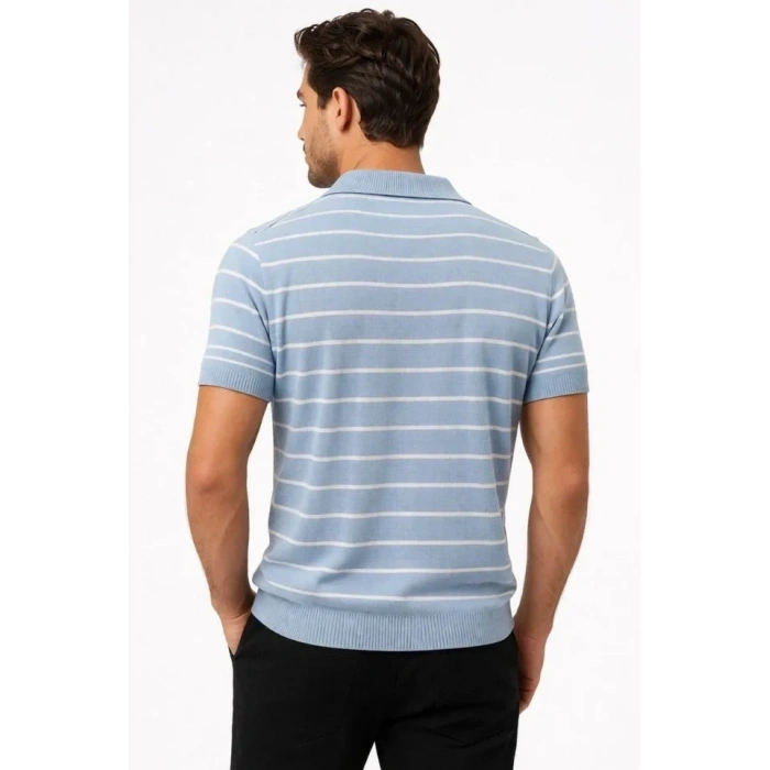 Erkek Triko Polo Yaka Fermuarlı Çizgili Tişört T-Shirt Yazlık Şık - Bebek Mavisi