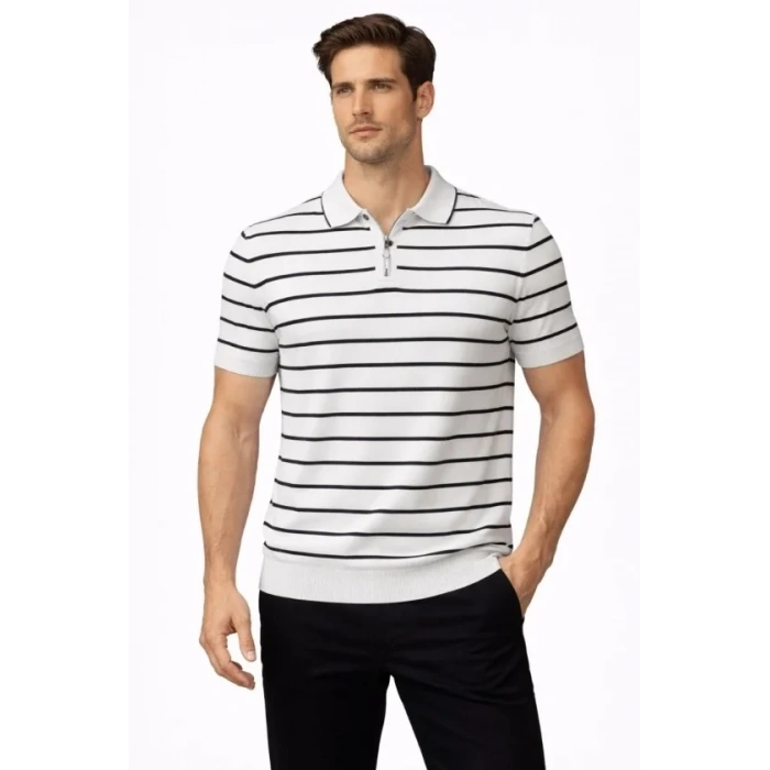 Erkek Triko Polo Yaka Fermuarlı Çizgili Tişört T-Shirt Yazlık Şık - Beyaz