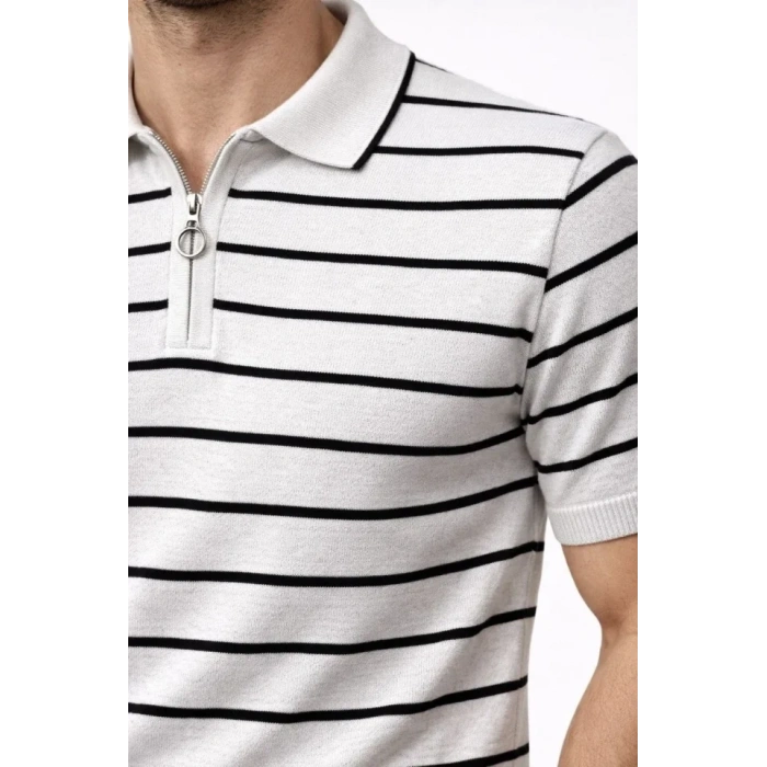 Erkek Triko Polo Yaka Fermuarlı Çizgili Tişört T-Shirt Yazlık Şık - Beyaz