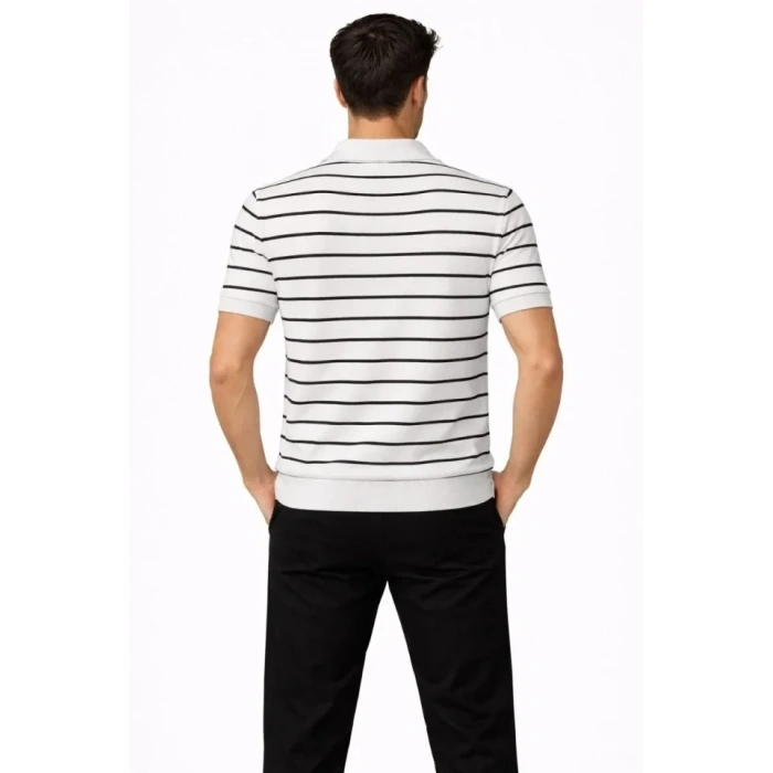 Erkek Triko Polo Yaka Fermuarlı Çizgili Tişört T-Shirt Yazlık Şık - Beyaz