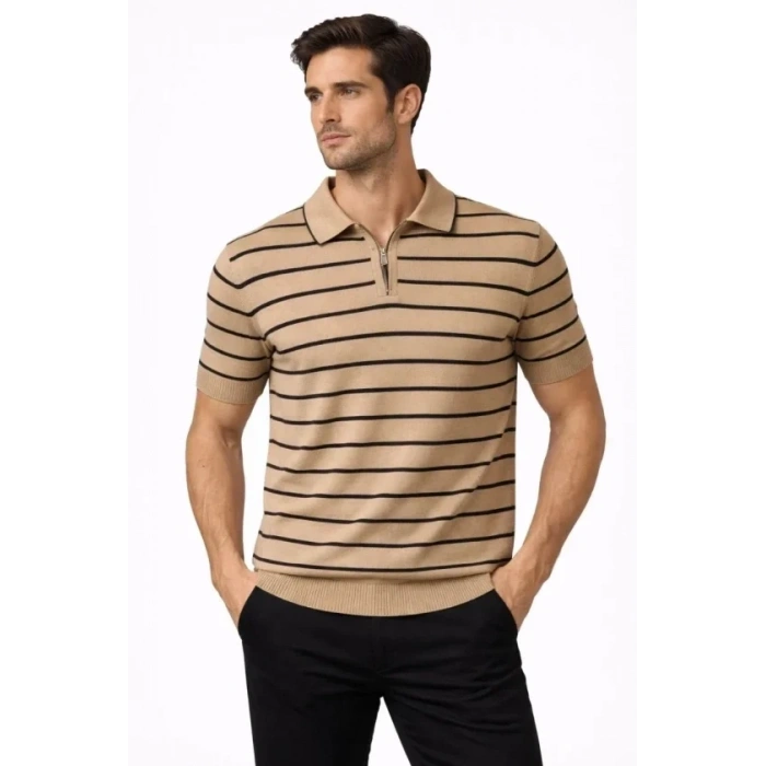Erkek Triko Polo Yaka Fermuarlı Çizgili Tişört T-Shirt Yazlık Şık - Kahverengi