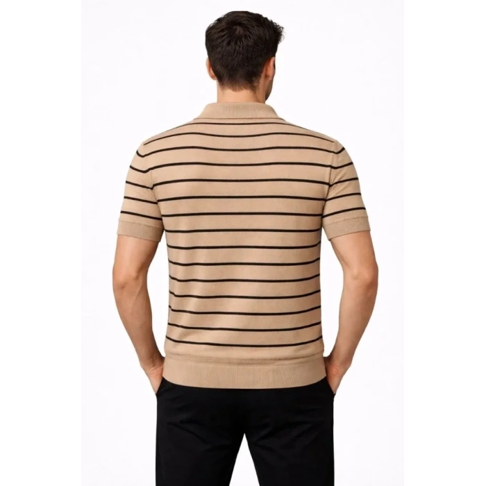 Erkek Triko Polo Yaka Fermuarlı Çizgili Tişört T-Shirt Yazlık Şık - Kahverengi
