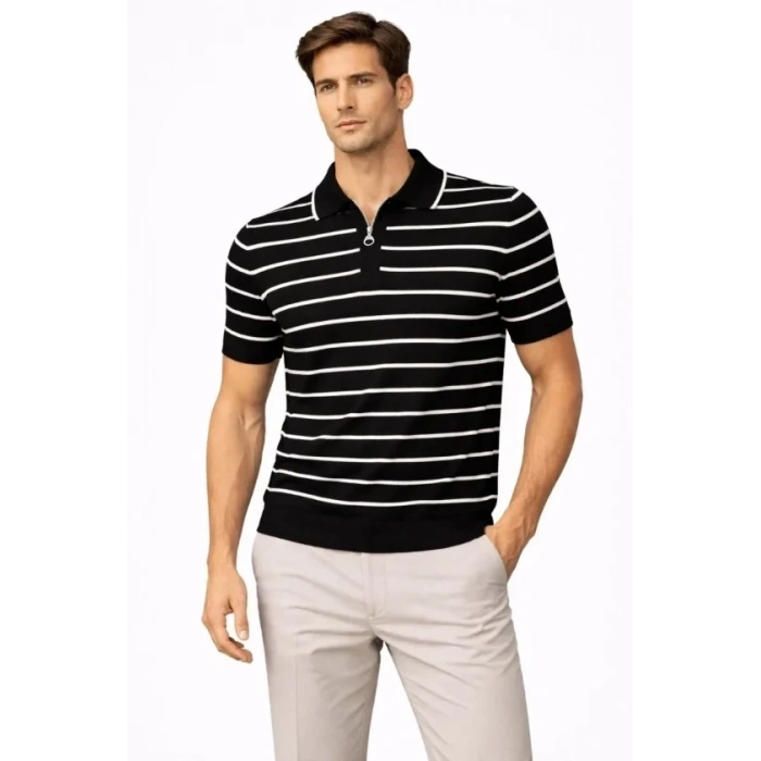 Erkek Triko Polo Yaka Fermuarlı Çizgili Tişört T-Shirt Yazlık Şık - Siyah