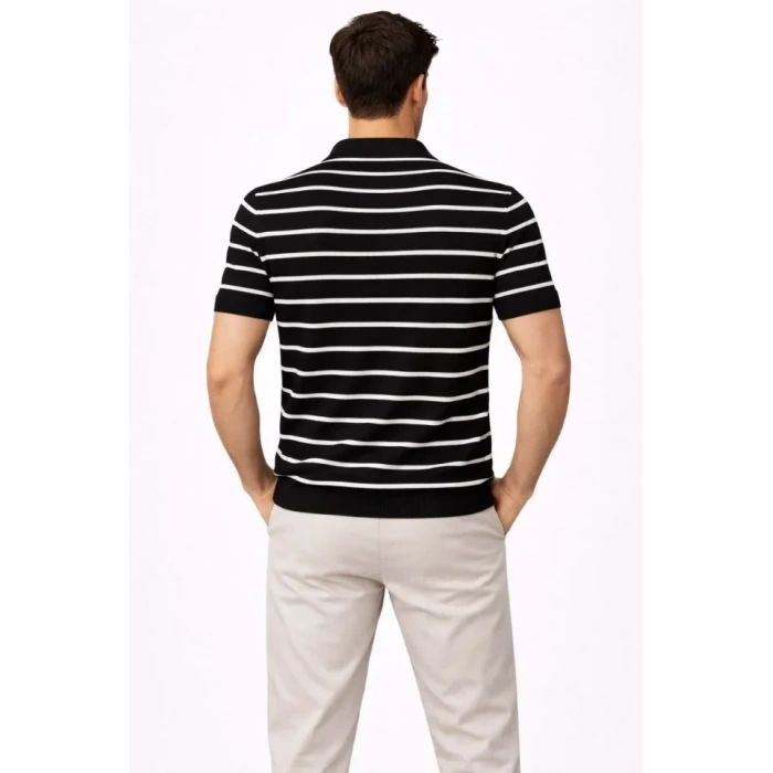 Erkek Triko Polo Yaka Fermuarlı Çizgili Tişört T-Shirt Yazlık Şık - Siyah
