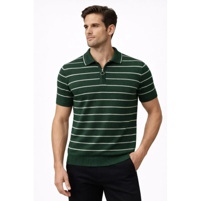 Erkek Triko Polo Yaka Fermuarlı Çizgili Tişört T-Shirt Yazlık Şık - Yeşil