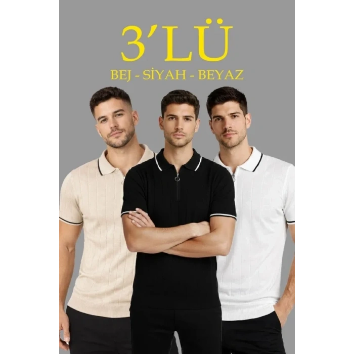 Erkek Triko Tişört Fermuar Yakalı Kısa Kol T-Shirt 3’lü Set Bej-Beyaz-Siyah