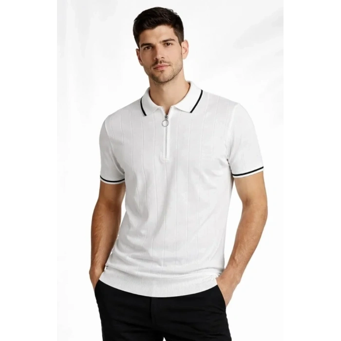 Erkek Triko Tişört Fermuar Yakalı Kısa Kol T-Shirt 3’lü Set Bej-Beyaz-Siyah