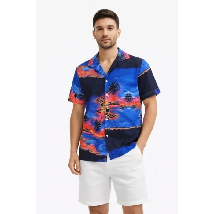 Erkek Tropikal Ada Manzara Desenli Kısa Kol Gömlek Hawaii Tarz Yazlık Rahat Kalıp - Desenli