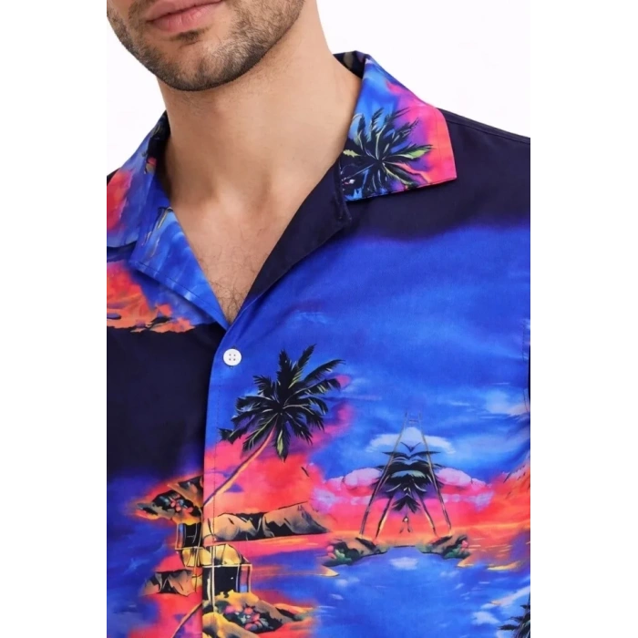 Erkek Tropikal Ada Manzara Desenli Kısa Kol Gömlek Hawaii Tarz Yazlık Rahat Kalıp - Desenli