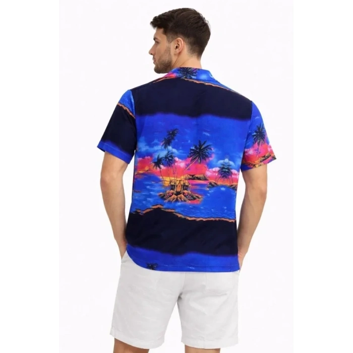 Erkek Tropikal Ada Manzara Desenli Kısa Kol Gömlek Hawaii Tarz Yazlık Rahat Kalıp - Desenli