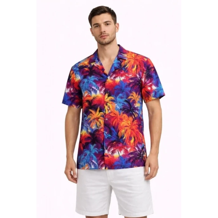 Erkek Tropikal Desenli Kısa Kol Gömlek Rahat Kalıp Yazlık Hawaii Tarz - Desenli