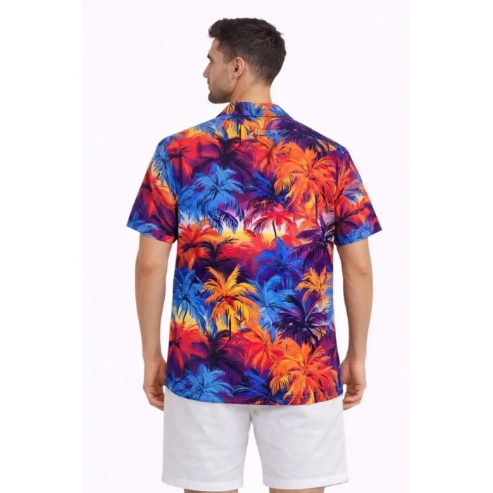 Erkek Tropikal Desenli Kısa Kol Gömlek Rahat Kalıp Yazlık Hawaii Tarz - Desenli