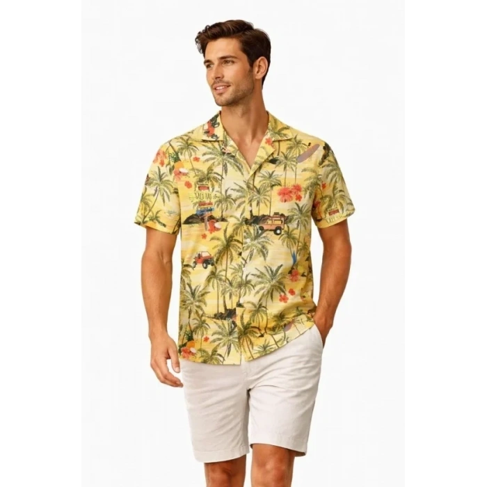 Erkek Tropikal Palmiye Desenli Kısa Kol Gömlek Hawaii Tarz Yazlık Rahat Kalıp - Desenli