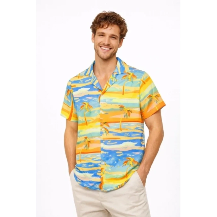 Erkek Tropikal Palmiye Desenli Kısa Kol Gömlek Yazlık Beach Tarz Rahat Kalıp - Desenli