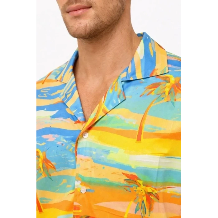 Erkek Tropikal Palmiye Desenli Kısa Kol Gömlek Yazlık Beach Tarz Rahat Kalıp - Desenli