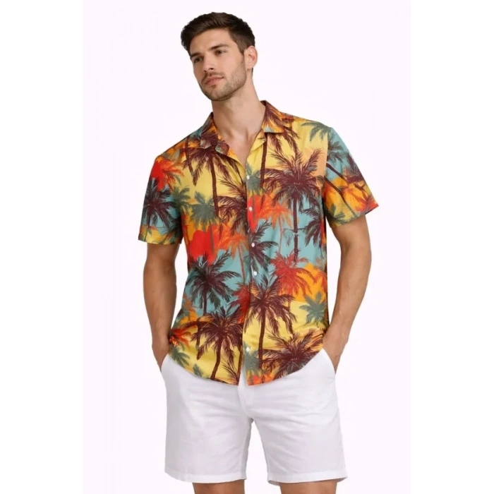 Erkek Tropikal Palmiye Desenli Kısa Kol Gömlek Yazlık Rahat Kalıp Dijital Baskılı - Desenli