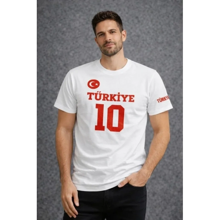 Erkek TÜRKİYE Ay Yıldız Baskılı 10 Numara Forma Tişört Taraftar T-Shirt - Beyaz