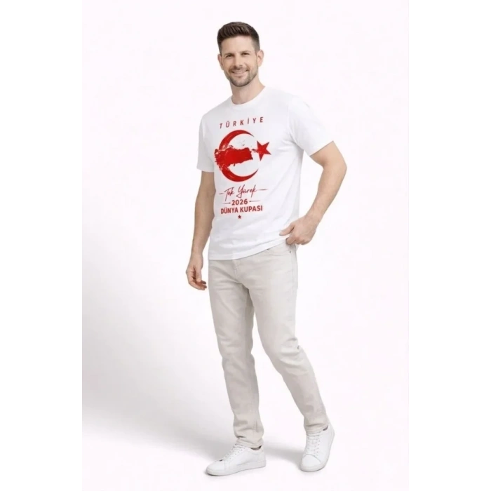 Erkek TÜRKİYE Ay Yıldız Baskılı Taraftar Forma T-Shirt - Beyaz