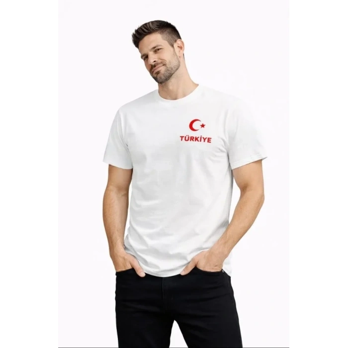 Erkek TÜRKİYE Ay Yıldız Baskılı Taraftar Forma T-Shirt - Beyaz