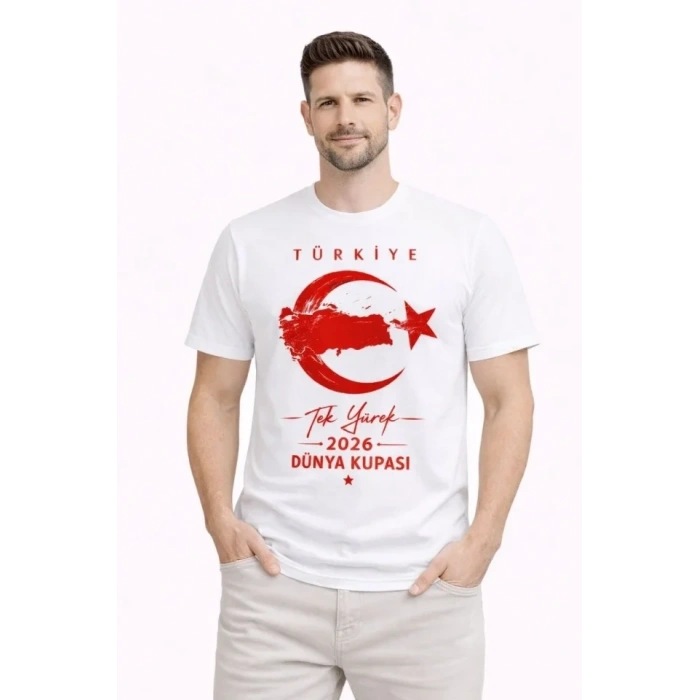 Erkek TÜRKİYE Ay Yıldız Baskılı Taraftar Forma T-Shirt - Beyaz