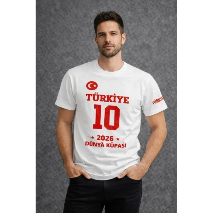 Erkek TÜRKİYE Baskılı Tişört 2026 Dünya Kupası Taraftar Forma T-Shirt - Beyaz