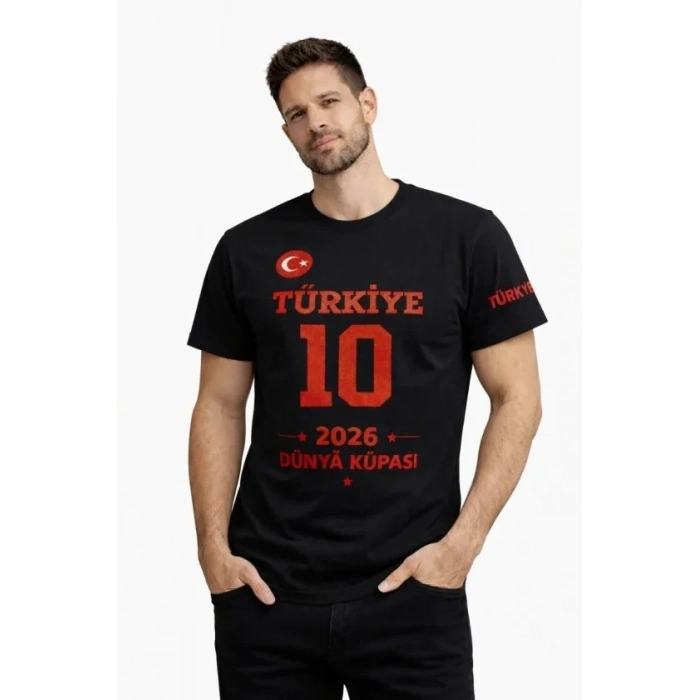 Erkek TÜRKİYE Baskılı Tişört 2026 Dünya Kupası Taraftar Forma T-Shirt - Siyah
