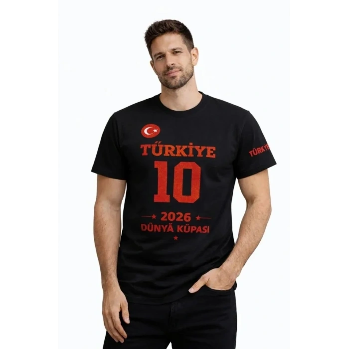 Erkek TÜRKİYE Baskılı Tişört 2026 Dünya Kupası Taraftar Forma T-Shirt - Siyah