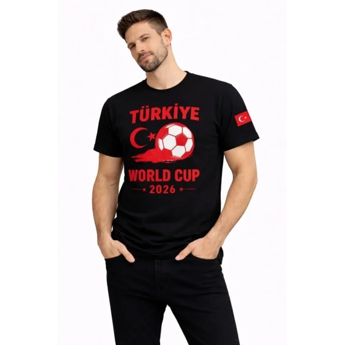 Erkek Türkiye World Cup 2026 Baskılı Tişört Futbol Temalı Forma T-Shirt - Siyah