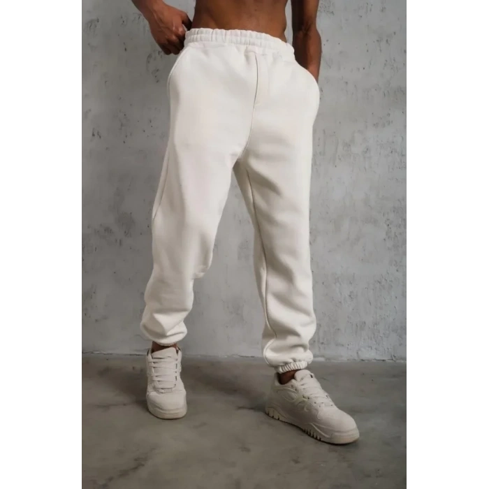 Erkek Üç İplik Alt Eşofman Lastikli - Beyaz