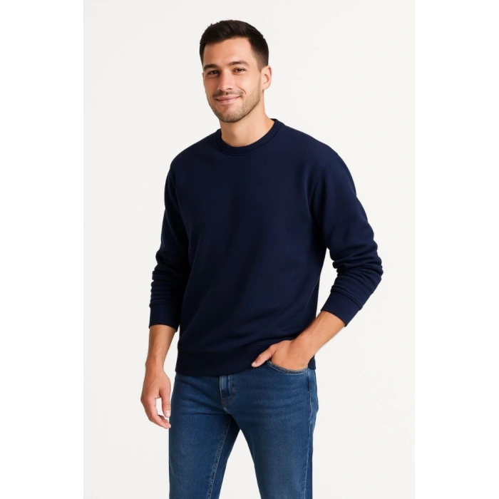Erkek Üç İplik Düz Bisiklet Yaka SweatShirt - Lacivert