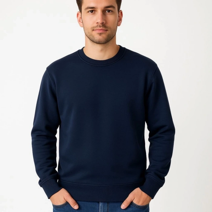 Erkek Üç İplik Düz Bisiklet Yaka SweatShirt - Lacivert