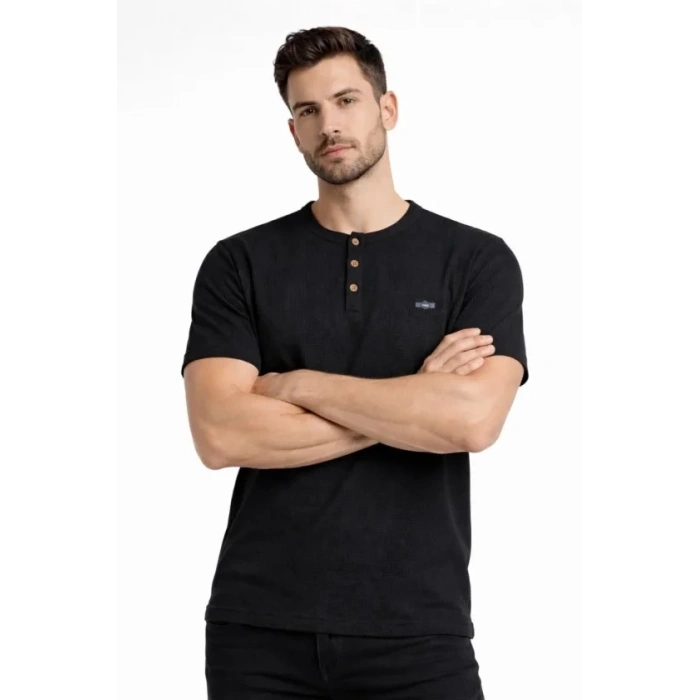 Erkek Waffle Dokulu Likralı Henley Yaka Düğmeli Regular Fit Kısa Kollu T-Shirt - Siyah