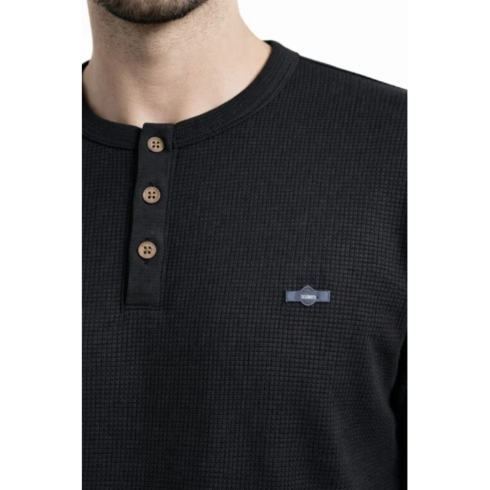 Erkek Waffle Dokulu Likralı Henley Yaka Düğmeli Regular Fit Kısa Kollu T-Shirt - Siyah