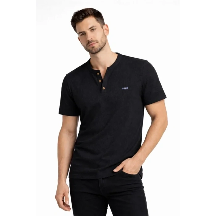 Erkek Waffle Dokulu Likralı Henley Yaka Düğmeli Regular Fit Kısa Kollu T-Shirt - Siyah