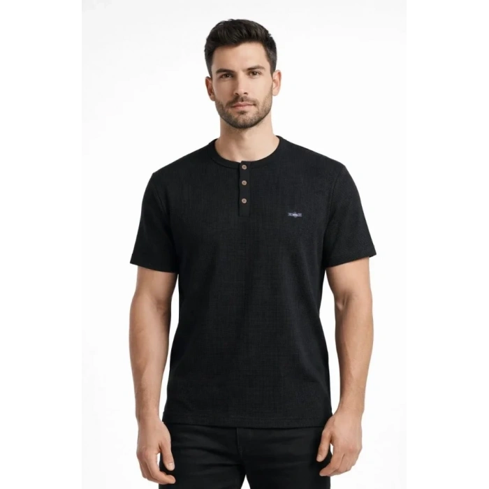 Erkek Waffle Dokulu Likralı Henley Yaka Düğmeli Regular Fit Kısa Kollu T-Shirt - Siyah
