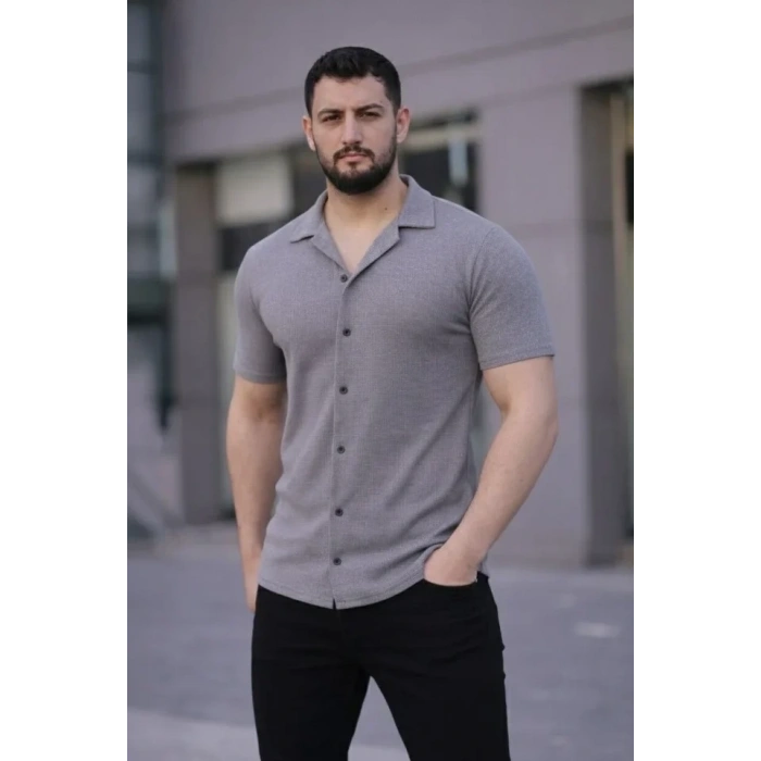 Erkek Waffle Kumaş Kısa Kollu Düğmeli Açık Yaka Regular Fit Gömlek - Gri