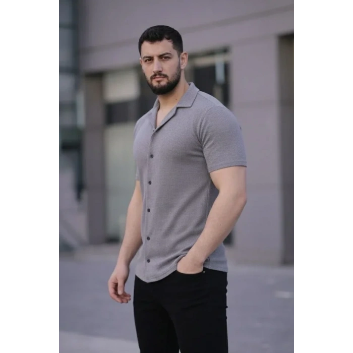Erkek Waffle Kumaş Kısa Kollu Düğmeli Açık Yaka Regular Fit Gömlek - Gri