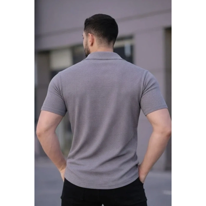 Erkek Waffle Kumaş Kısa Kollu Düğmeli Açık Yaka Regular Fit Gömlek - Gri