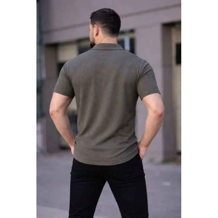 Erkek Waffle Kumaş Kısa Kollu Düğmeli Açık Yaka Regular Fit Gömlek - Haki