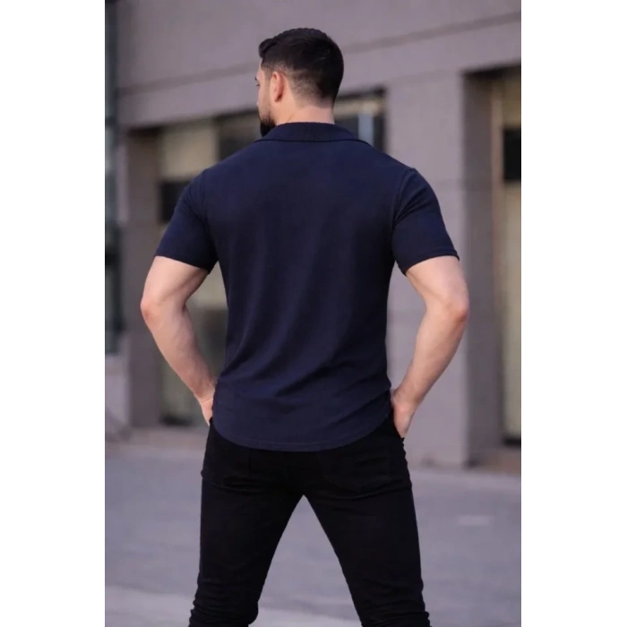 Erkek Waffle Kumaş Kısa Kollu Düğmeli Açık Yaka Regular Fit Gömlek - Lacivert